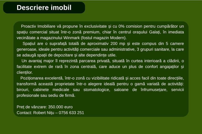 Spațiu comercial, de 200 mp, în Central