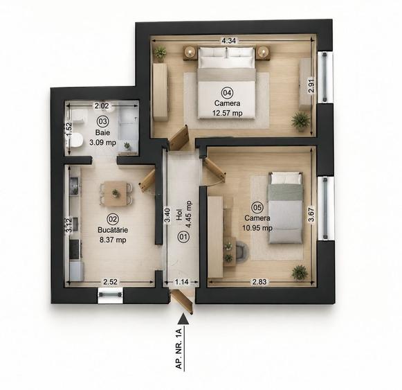 Apartament cu 2 camere decomandat, mobilat în Pârneava