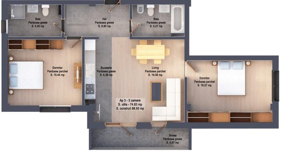 Apartament cu 3 camere în Valea Borcutului