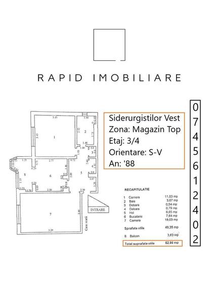 2 Camere | Etaj 3 | Magazin TOP | Sid-Vest | 53 mp | An '88 | Mob+Ut - 3