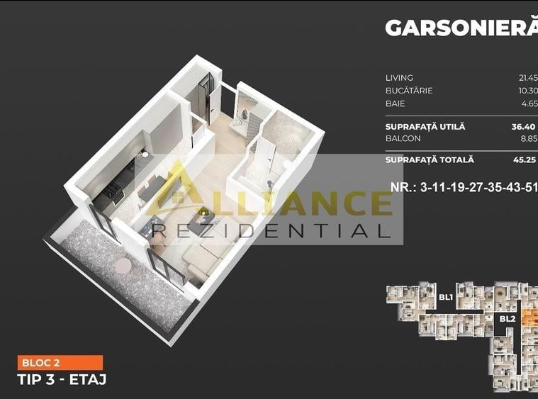 Garsonieră decomandată în Central