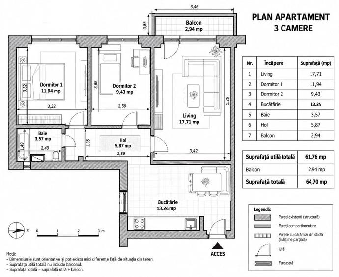 Apartament cu 3 camere decomandat, mobilat în Lujerului
