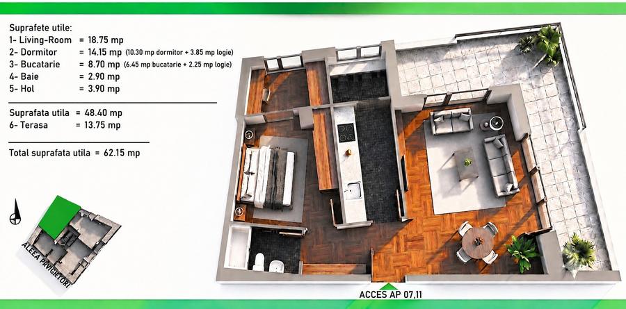 Apartament cu 2 camere decomandat în Nicolae Grigorescu