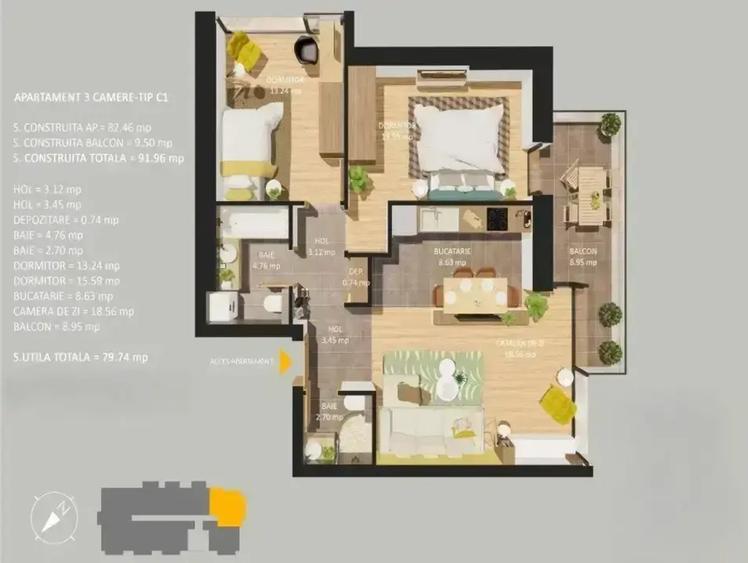 Apartament cu 3 camere semidecomandat în 13 Septembrie