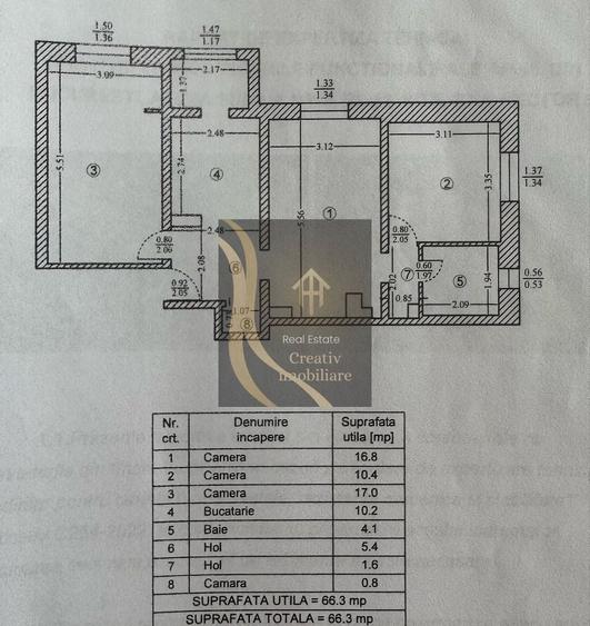 Apartament cu 3 camere semidecomandat în Dristor