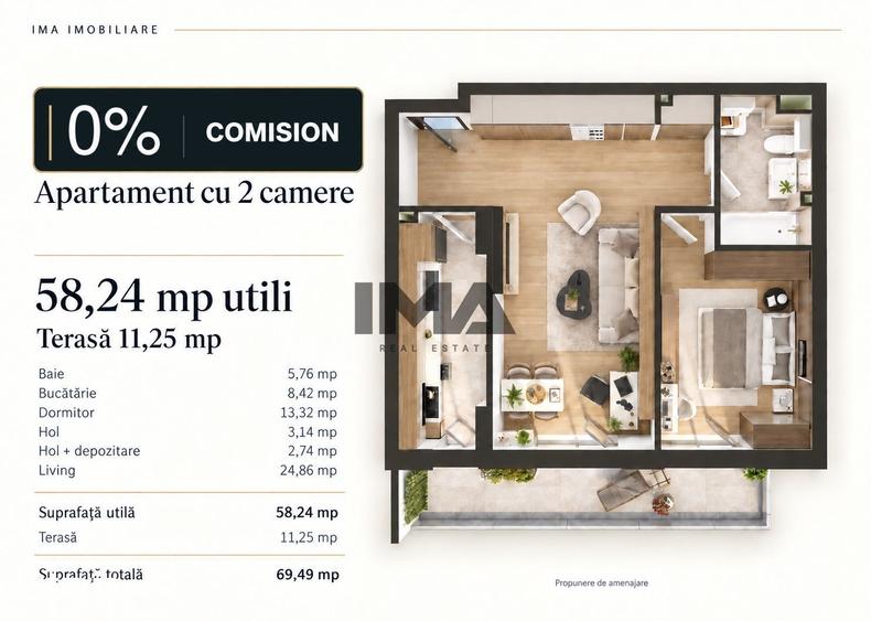 Apartament cu 2 camere semidecomandat în Iris