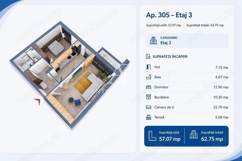 Apartament cu 2 camere decomandat în Cheriu