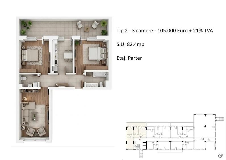 Apartament cu 3 camere decomandat în Berceni