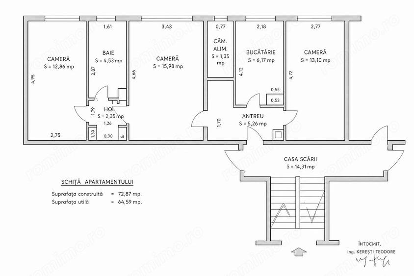 Apartament cu 3 camere semidecomandat în Central