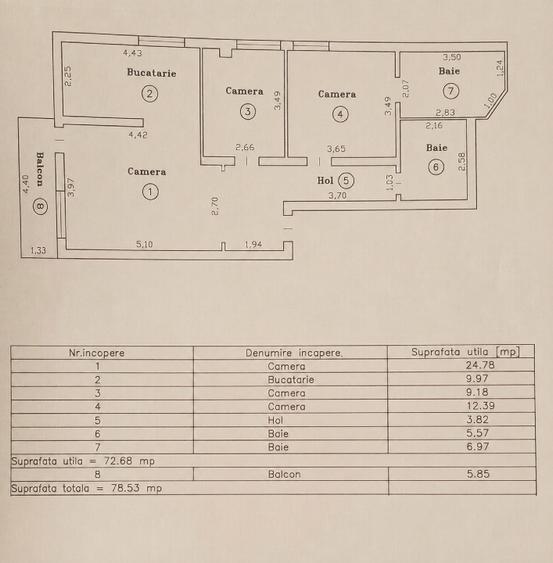 Apartament cu 3 camere semidecomandat, mobilat în Torontalului