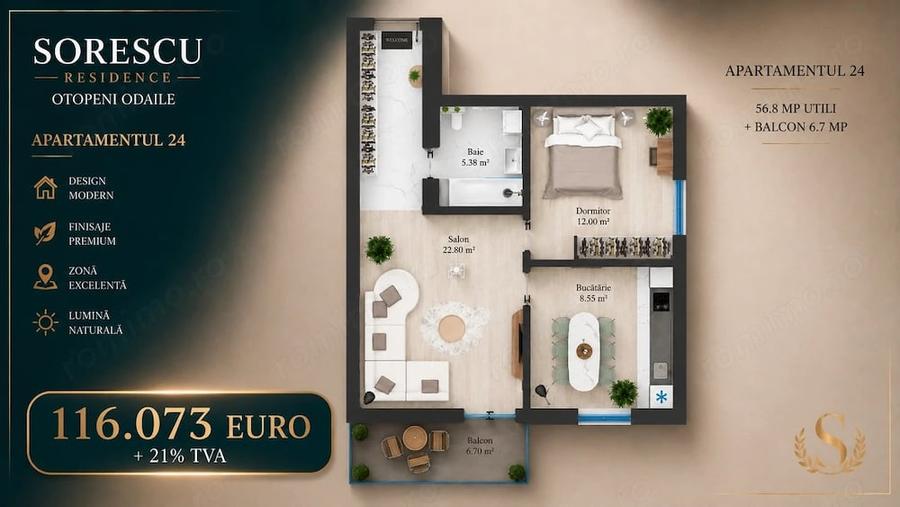 Apartament cu 2 camere decomandat în Central