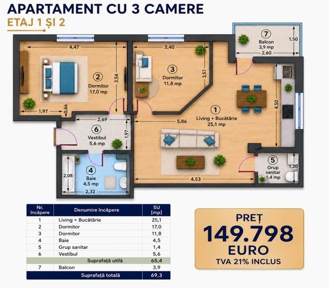 Apartament cu 3 camere decomandat în Odăi