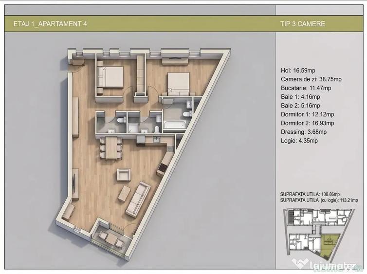 Apartament cu 3 camere decomandat în Nerva Traian