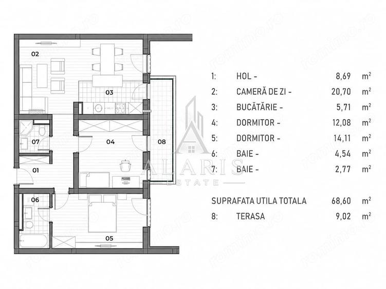 Apartament cu 2 camere semidecomandat în Braytim