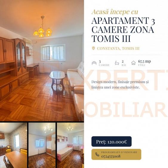 Apartament cu 3 camere decomandat, mobilat în Tomis III