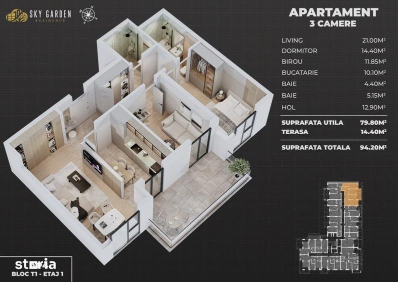 Apartament cu 3 camere, decomandat, terasa 14,4 mp,ansamblu cu piscina - 18