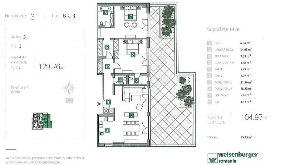 Apartament cu 3 camere decomandat în Străulești