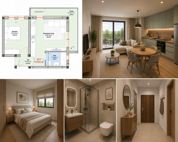 Apartamente 2 Camere | Proiect Nou | Giroc | Etaj 1 | 40mp Utili + 12mp Terasa - 1