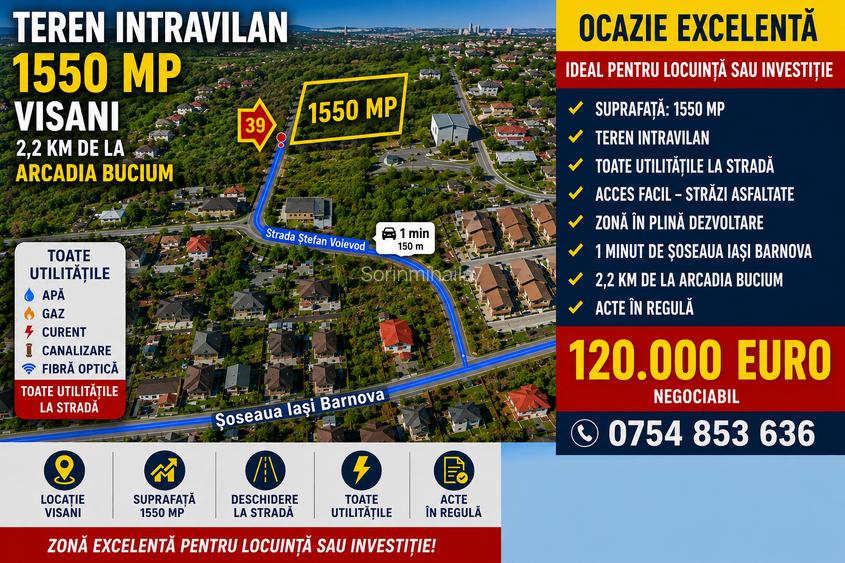 BUCIUM-2,2 km de la Hanul Trei Sarmale , 1550 mp cu priveliste superba !!!