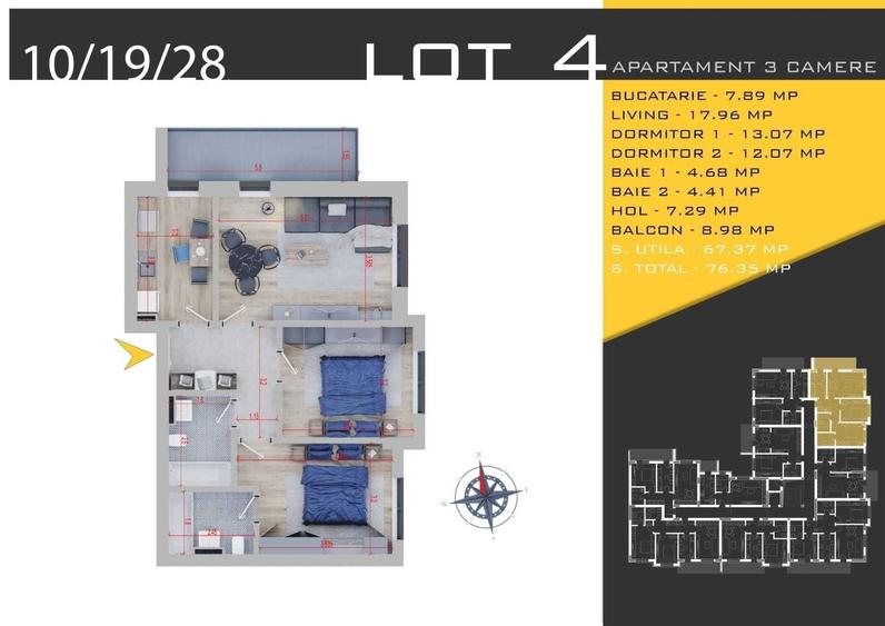 Apartament cu 3 camere decomandat în Exterior Vest