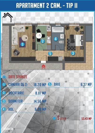 Apartament cu 2 camere în Prundu