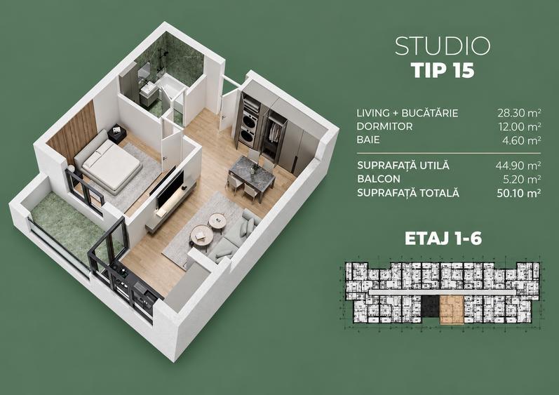 Apartament cu 2 camere semidecomandat în Sud