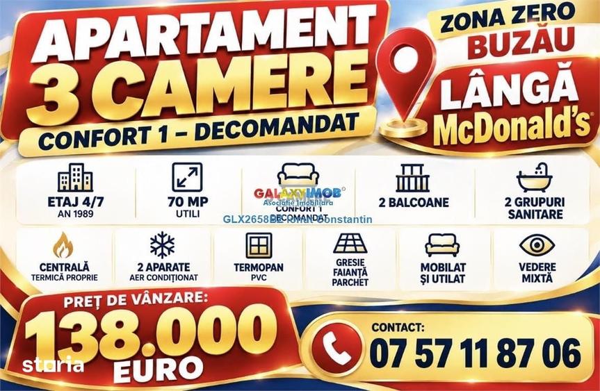 Apartament cu 3 camere decomandat în Central