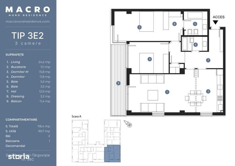Apartament cu 3 camere decomandat în Străulești