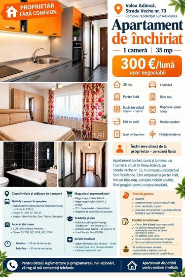 Va oferim spre inchiriat apartament 1 camera - Valea Adanca - modern