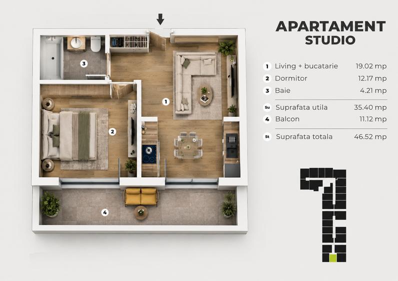 Apartament cu 2 camere semidecomandat în Sud