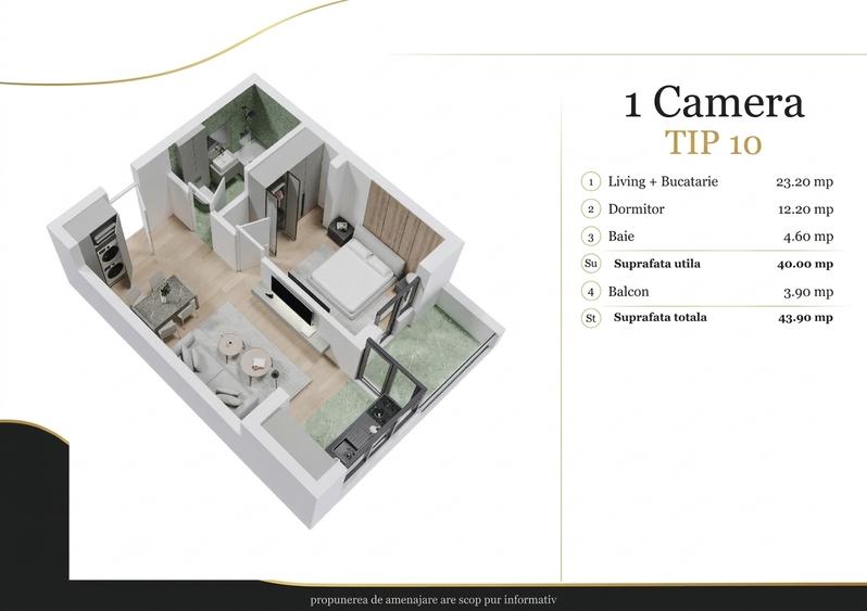 Apartament cu 2 camere în Popești-Leordeni