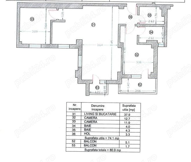 Apartament cu 3 camere în Central