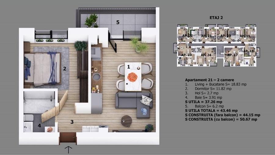 Apartament cu 2 camere semidecomandat în Odăi