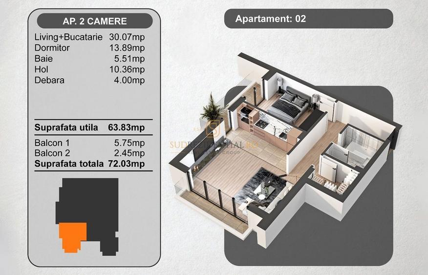 Apartament cu 2 camere semidecomandat în 13 Septembrie