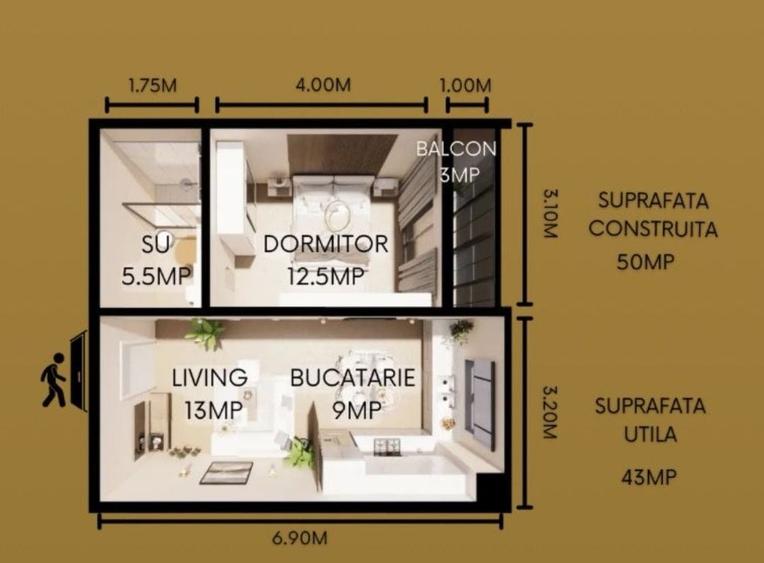 Apartament cu 2 camere semidecomandat în Energiei
