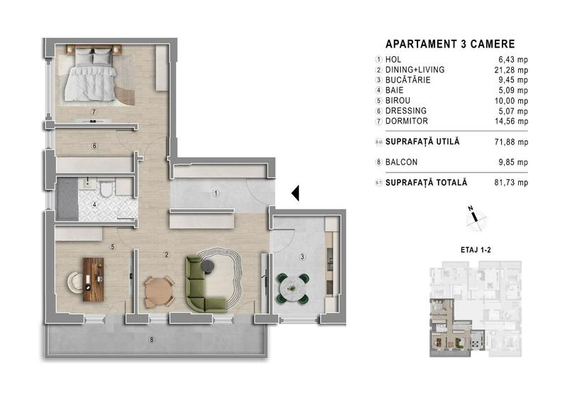 Apartament 3 camere | Decomandat | 81,73mp | Acces Metrou | Comision 0 - 11