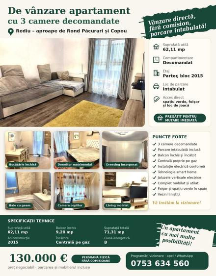 Apartament cu 3 camere decomandat în Păcurari
