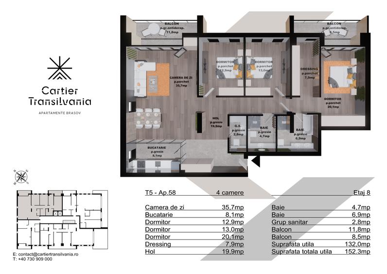 Apartament cu 4 camere decomandat în Noua