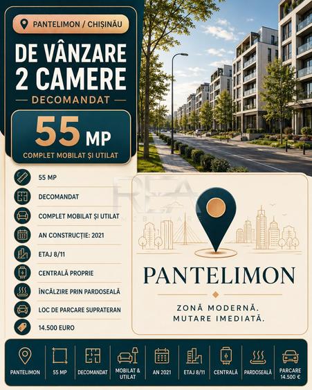 2 camere Pantelimon/Chișinău decomandat, centrală, an 2021, 55 mp - 1