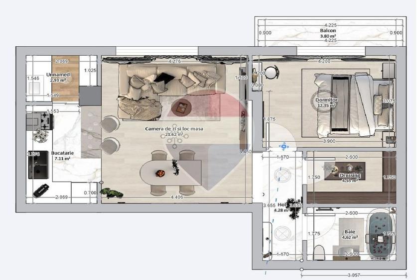 Apartament cu 2 camere semidecomandat în Central