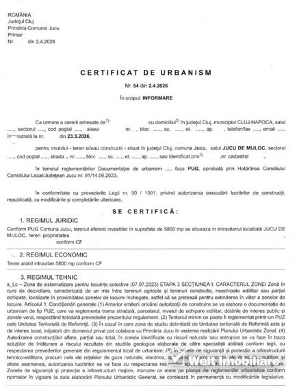 Teren agricol intravilan de 5800 mp, în Jucu de Mijloc
