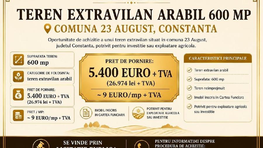 Teren agricol extravilan de 600 mp, în 23 August