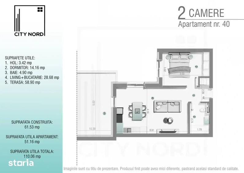 Apartament cu 2 camere în Tunari