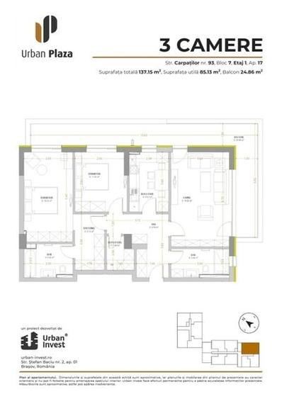 Apartament cu 3 camere decomandat în Central
