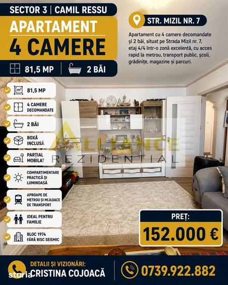 Apartament cu 4 camere decomandat în Ozana