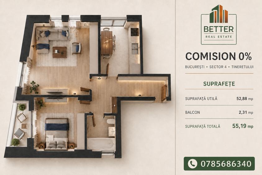 Apartament cu 2 camere decomandat în Tineretului