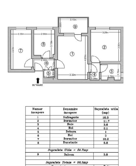 Apartament cu 3 camere semidecomandat în Calea București