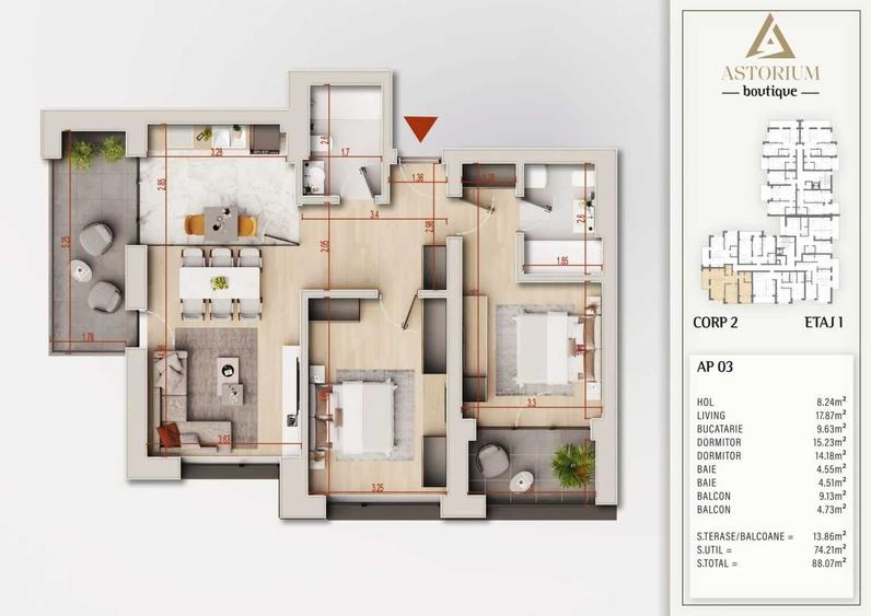 Apartament cu 3 camere nedecomandat în Cățelu