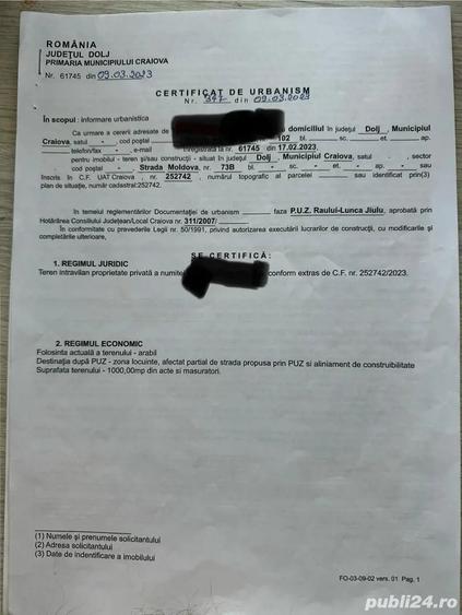 Teren de 1000 mp, în Central