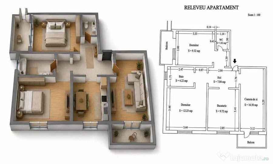 Apartament cu 3 camere semidecomandat în Târgu Cucu